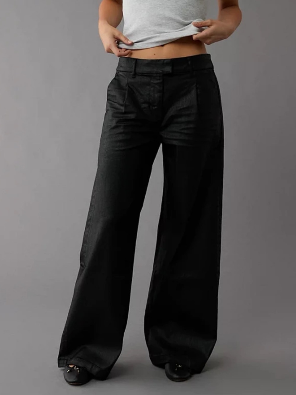 NWT American Eagle $109.95 Stretch HW Ultra Wide-Leg Coated Denim Trouser Jean